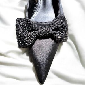 Size 9………Black Satin Rhinestone Bow Buckle Heels.  PUBLIC DESIRE